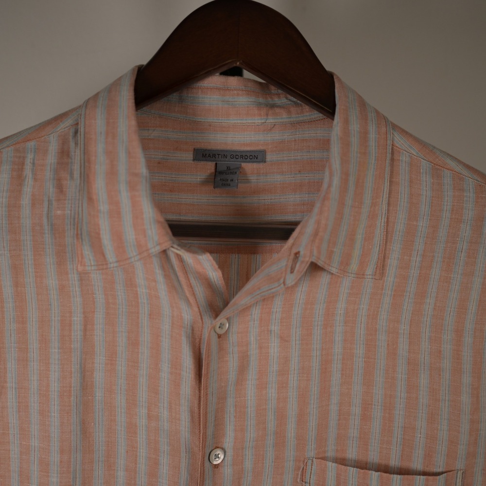 Martin Gordon‎ Mens XL Peach Blue Striped 100% Linen Long Sleeve Button up Shirt